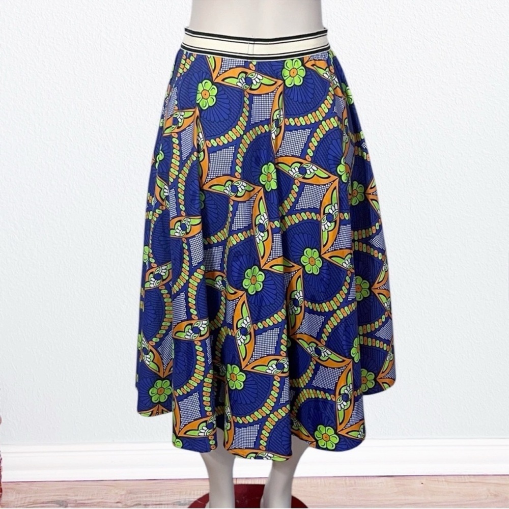 Artsy Graphic niu retro mod floral print midi ALine skirt Blue + Floral SZ M - Picture 5 of 9